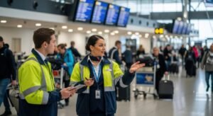 Piloto e comissária de bordo conversando no aeroporto, ilustrando dicas para passar no CMA